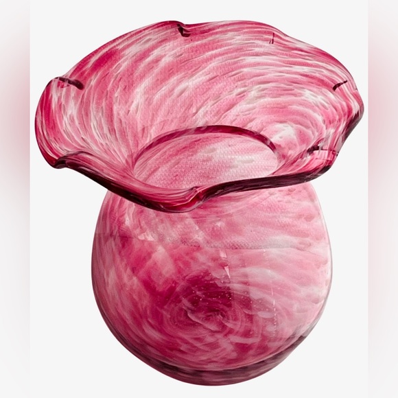 Vintage Hand Blown Art Glass Vase by Kenneth Marine Small Vase Pink White Swirl - Picture 8 of 8